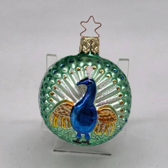 Inge Glas Peacock on Ball German Glass Christmas Ornament Green 2.5" - Picture 4 of 6